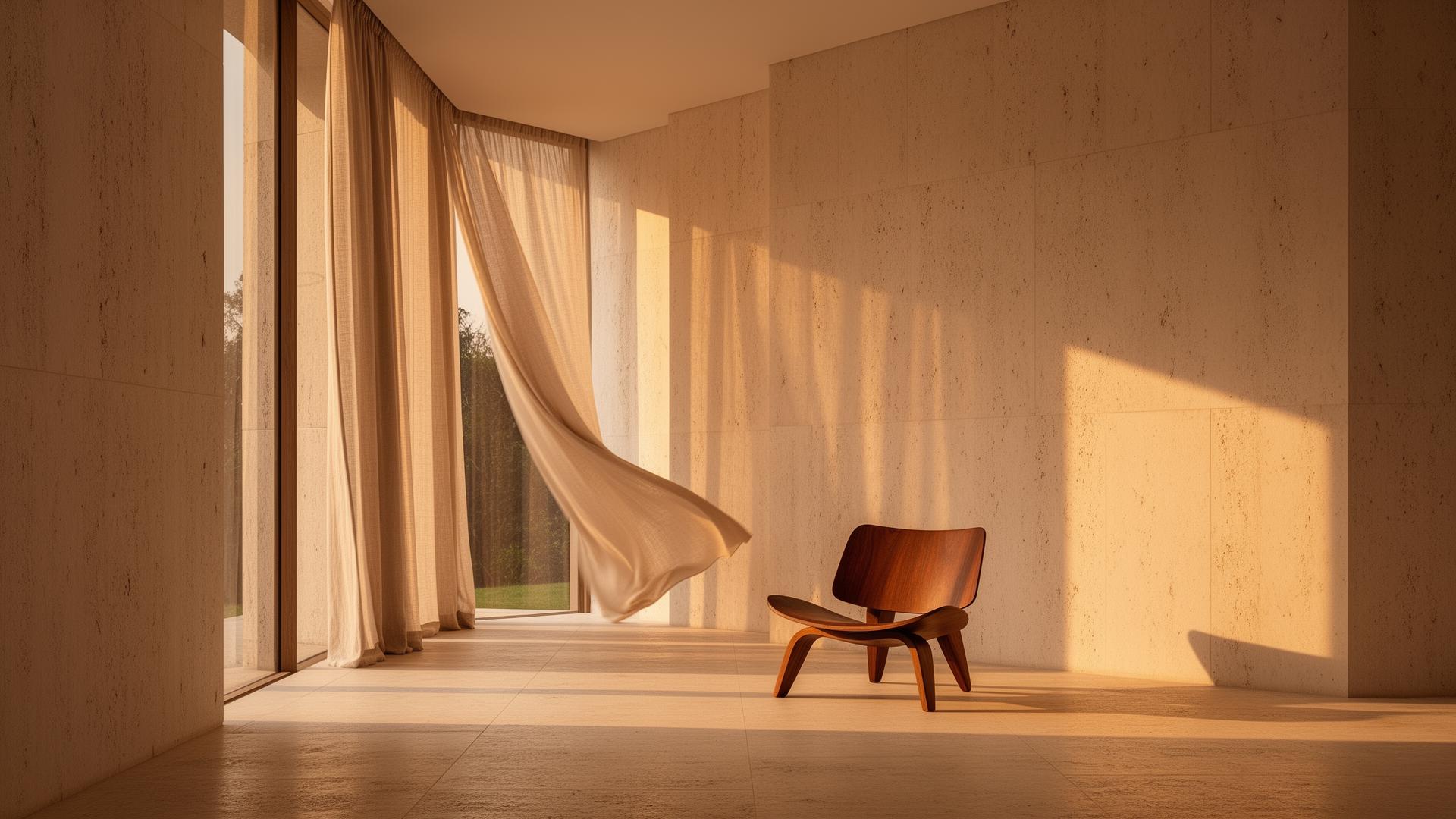 Interior arquitetônico minimalista com luz natural sobre parede de travertino
